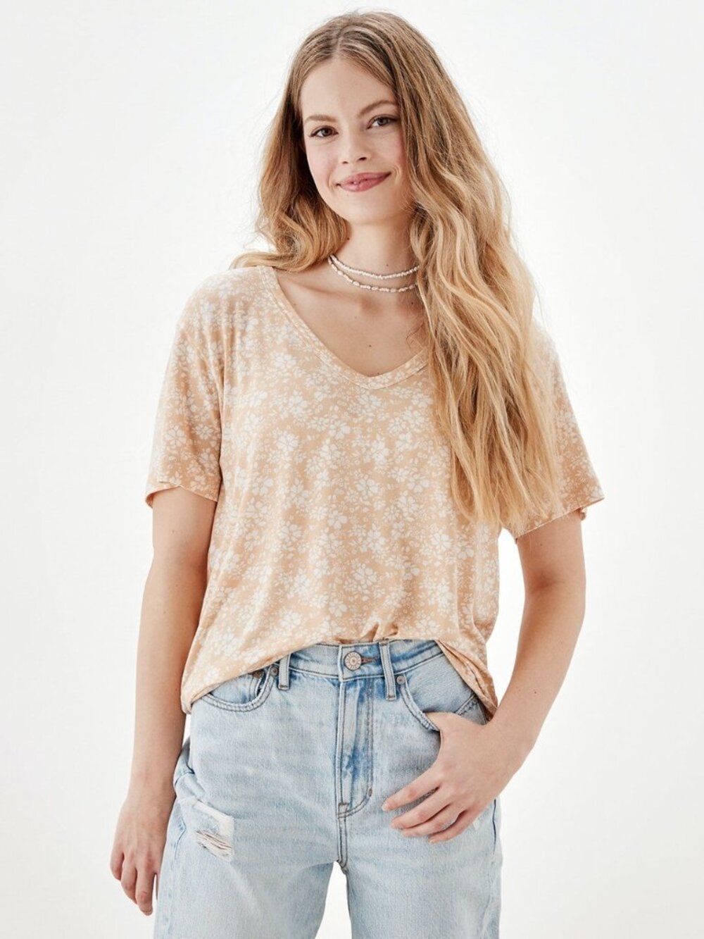 American Eagle Ovesized Soft & Sexy V-Neck T-Shirt Floral Beige XL #A4090